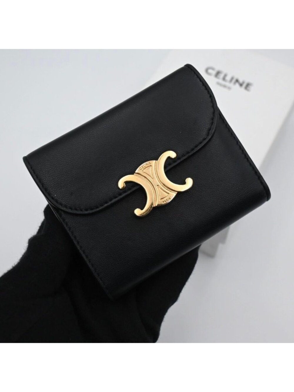 Celine Triomphe Trifold Wallet Calfskin Black Gold